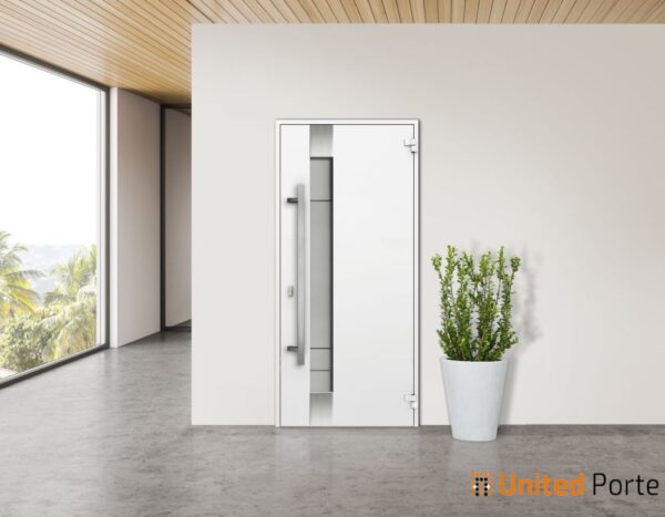 Front Exterior Prehung Steel Door / Deux 1713 White Enamel / Stainless Inserts Single Modern Painted-W36" x H80"-Right-hand Inswing - Image 3