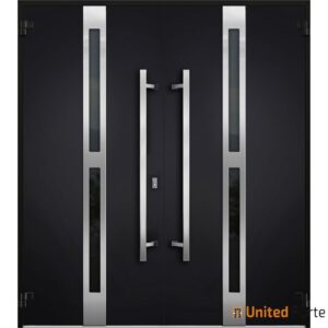 Front Exterior Prehung Steel Double Doors / Deux 1755 Black Enamel / Stainless Inserts Single Modern Painted-W72" x H80"
