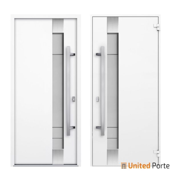 Front Exterior Prehung Steel Door / Deux 1713 White Enamel / Stainless Inserts Single Modern Painted-W36" x H80"-Right-hand Inswing - Image 4