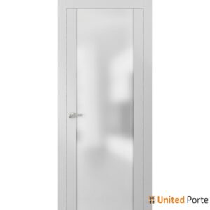 Modern Solid French Door Frosted Glass with Handle | Planum 4114 White Silk 32" x 96" | Single Regural Panel Frame Trims | Bathroom Bedroom Sturdy Doors