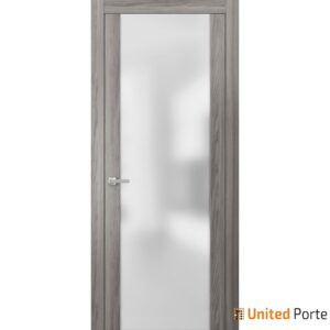 Modern Solid French Door Frosted Glass with Handle | Planum 4114 Ginger Ash 42" x 80" | Single Regural Panel Frame Trims | Bathroom Bedroom Sturdy Doors