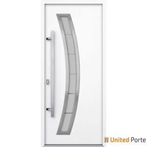 Front Exterior Prehung Steel Door / Deux 6500 White / Stainless Inserts Single Modern Painted-W36" x H80"-Right-hand Inswing