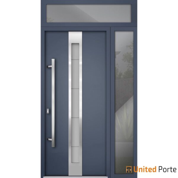 Front Exterior Prehung Steel Door / Deux 1717 Gray Graphite / Stainless Inserts Single Modern Painted-W48" x H96"-Right-hand Inswing