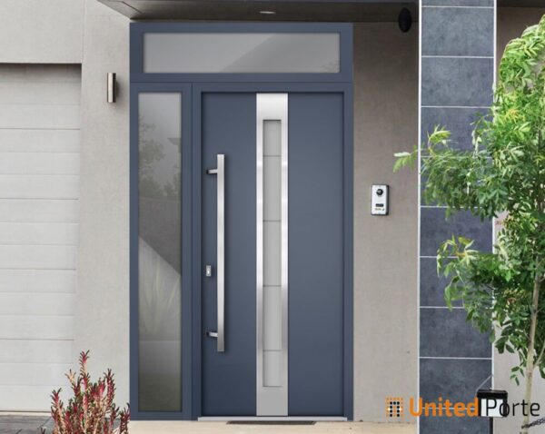 Front Exterior Prehung Steel Door / Deux 1717 Gray Graphite / Stainless Inserts Single Modern Painted-W48" x H96"-Right-hand Inswing - Image 4