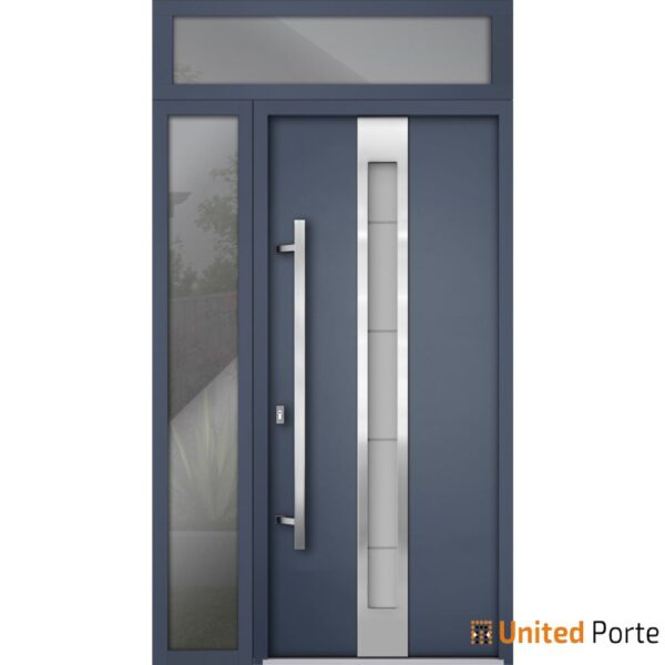 Front Exterior Prehung Steel Door / Deux 1717 Gray Graphite / Stainless Inserts Single Modern Painted-W48" x H96"-Right-hand Inswing - Image 2