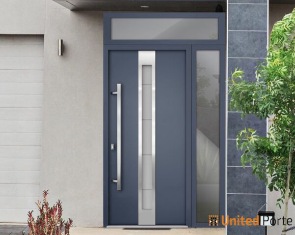 Front Exterior Prehung Steel Door / Deux 1717 Gray Graphite / Stainless Inserts Single Modern Painted-W48" x H96"-Right-hand Inswing - Image 6