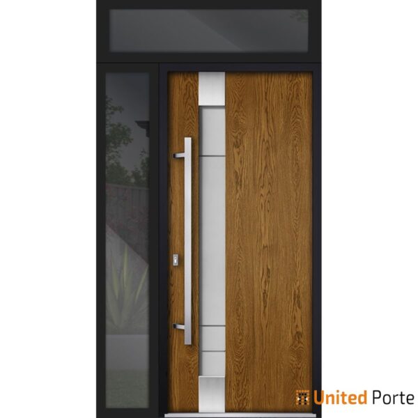 Front Exterior Prehung Steel Door / Deux 1713 Natural Oak / Side and Top Exterior Black Window / Stainless Inserts Single Modern Painted-W36+12" x H80+16"-Right-hand Inswing - Image 2