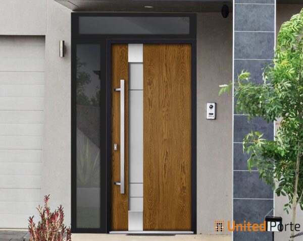 Front Exterior Prehung Steel Door / Deux 1713 Natural Oak / Side and Top Exterior Black Window / Stainless Inserts Single Modern Painted-W36+12" x H80+16"-Right-hand Inswing - Image 4