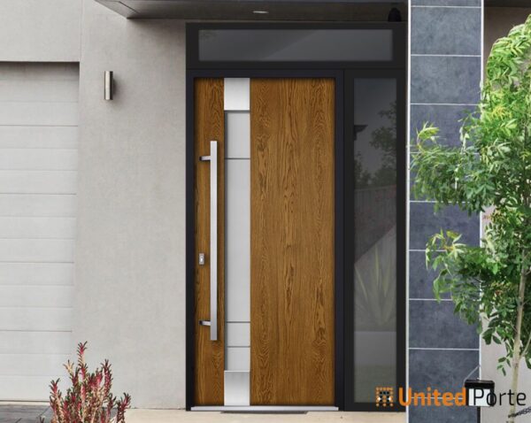 Front Exterior Prehung Steel Door / Deux 1713 Natural Oak / Side and Top Exterior Black Window / Stainless Inserts Single Modern Painted-W36+12" x H80+16"-Right-hand Inswing - Image 6