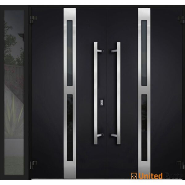 Front Exterior Prehung Steel Double Doors / Deux 1755 Black Enamel / Side Exterior Window / Stainless Inserts Single Modern Painted-W72+12" x H80" - Image 2