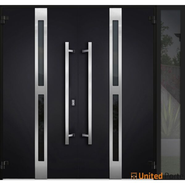 Front Exterior Prehung Steel Double Doors / Deux 1755 Black Enamel / Side Exterior Window / Stainless Inserts Single Modern Painted-W72+12" x H80" - Image 3