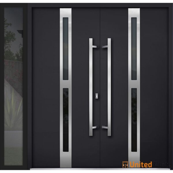 Front Exterior Prehung Steel Double Doors / Deux 1755 Black Enamel / Side Exterior Window / Stainless Inserts Single Modern Painted-W72+12" x H80"