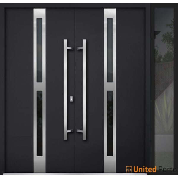 Front Exterior Prehung Steel Double Doors / Deux 1755 Black Enamel / Side Exterior Window / Stainless Inserts Single Modern Painted-W72+12" x H80" - Image 4