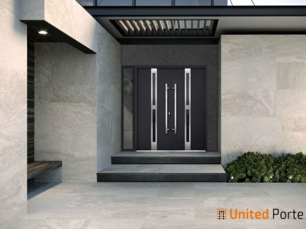 Front Exterior Prehung Steel Double Doors / Deux 1755 Black Enamel / Side Exterior Window / Stainless Inserts Single Modern Painted-W72+12" x H80" - Image 5