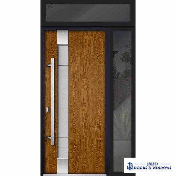 Front Exterior Prehung Steel Door / Deux 1713 Natural Oak / Side and Top Exterior Black Window / Stainless Inserts Single Modern Painted-W36+12" x H80+16"-Right-hand Inswing