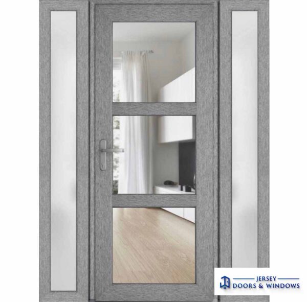 Front Exterior Prehung FiberGlass Door Clear Glass See-through / Manux 8555 Grey Ash Clear Glass / 2 Side Exterior Windows / Office Commercial and Residential Doors Entrance Patio Garage-W12+36+12" x H80"-Right-hand Inswing